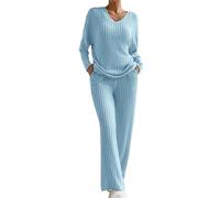 Cocila Pjs for Women Sets 2PC Long Sleeve Lounge Wear Ribbed Knit V Neck Fall Pullover Top Sweater and Wide Leg Trousers Pjs Tracksuit Sleepwear Homewear Winter Warm with Pockets Blue M