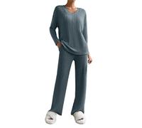Cocila Pjs for Women Sets 2PC Long Sleeve Lounge Wear Ribbed Knit V Neck Fall Pullover Top Sweater and Wide Leg Trousers Pjs Tracksuit Sleepwear Homewear Winter Warm with Pockets Blue L