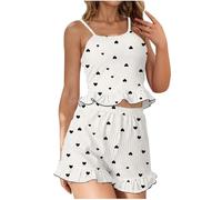 Cocila Pjs for Women Sets Sleeveless Cami Shorts Pajamas Heart Cotton Rib Knit Sleepwear Nightwear Elastic Soft Pjs Lounge Set Tank Top and Shorts Premium Summer Slim Fit Pajama Beige XL