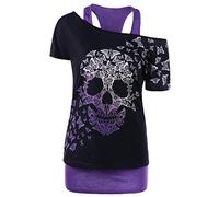 Cocila Plus Size Women's Summer Tunic Tops, Ladies Fashion Lace Stitching Butterfly Skull Print Off Shoulder T-Shirts Blouse Casual Short Sleeve Sweatshirt Tee Purple