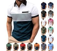Cocila Polo Shirts for Men UK Slim Fit Work Casual Business Striped Zip Button Soft Premium Henley Short Sleeved T Shirt Tops Collar with Pocket M-3XL White Polo Shirt Mens