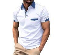 Cocila Polo Shirts for Men UK Slim Fit Work Casual Business Striped Zip Button Soft Premium Henley Short Sleeved T Shirt Tops Collar with Pocket M-3XL White Polo Shirt Mens