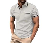 Cocila Polo Shirts for Men UK Slim Fit Work Casual Business Striped Zip Button Soft Premium Henley Short Sleeved T Shirt Tops Collar with Pocket M-3XL White Polo Shirt Mens