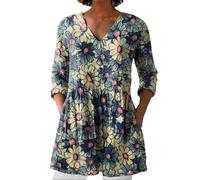 Cocila Prime Deals of The Day Prime Sale Womens Linen Tops with Pockets Summer Vintage Floral Printed Tunic Top V Neck 3/4 Sleeve T-Shirt Baggy Swing Tee Shirts Casual Trendy Black of Friday Offers