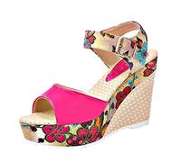 Cocila Sandals For Women Heels Platform Printing Unpositioned High Lace Sandal National Slope Women'S (Hot Pink, 6) Ladies Comfort Womens Size 5 Silver Evening Shoes Footbed Sport Black 6