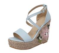 Cocila Sandals For Women New Water Proof Platform Slope Heel Large Korean Edition High (Blue, 6) Ladies Walking Size 4 7 Heels Low Wedge Beige Shoes Court Gold Wedges Summer Leather Wedding