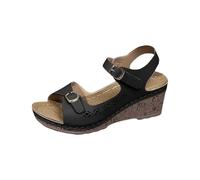 Cocila Sandals For Women Size 5 Summer New Roman Fish Mouth Thick Bottom Side Buckle One Strap Slope Heel Open Toe (Black, 7.5) Shoes Leather Silver Black Wedge Ladies 6 8 White Slip On Spanish