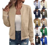 Cocila Summer Jackets for Women UK Oversized Textured Lightweight Zip Up Short Jacket with Pockets Long Sleeve Round Neck Casual Autumn Cardigan Outerwear Beige L