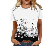 Cocila T Shirts for Women UK Women's Summer Round Neck Blouses Ladies Floral Print Going Out Tops Chic Short Sleeve Tunic Tops Plus Size Trendy Casual Fit Classic Basic Tee Holiday Pullover