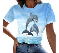 Cocila T Shirts for Women Womens Dolphins Print Short Sleeve Tee Shirt Casual Round Neck Tunic Tshirts Summer Funny Blouse top for Girls Women's Slim All Match Pullover