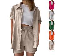 Cocila Todays Offers Special Deals Ladies Summer Outfits Muslin Blouse and Shorts, Aesthetic 2 Piece Lounge Set Elegant Cotton Sports Suit Oversize Pantsuit Long Sleeve Coat Black of Friday Offers