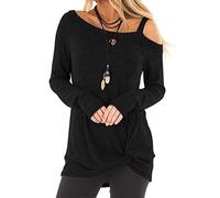 Cocila Top for Womens Casual Soft Long Sleeves Cold Shoulder O Neck Knot Side Twist Blouse T-Shirt(M,Black)