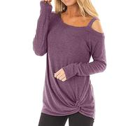 Cocila Top for Womens Casual Soft Long Sleeves Cold Shoulder O Neck Knot Side Twist Blouse T-Shirt(M,Purple)