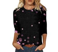 Cocila Tops for Women UK Casual Floral Three Quarter Sleeve Round Neck Tee Shirt Fashion Halloween Printed Loose Side Split Blouse Tunic Summer Long Sleeve T Shirts Womens