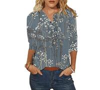 Cocila Tops for Women UK Casual Floral Three Quarter Sleeve Round Neck Tee Shirt Fashion Printed Flower Loose Side Split Blouse Tunic Summer Long Sleeve T Shirts Women