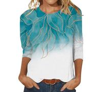 Cocila Tops for Women UK Casual Floral Three Quarter Sleeve Round Neck Tee Shirt Fashion Printed Flower Loose Side Split Blouse Tunic Summer Long Sleeve T Shirts Women