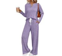 Cocila Two Piece Airport Outfits for Women 2025 Tracksuit Ribbed Long Sleeve Tops Drawstring Elasticized Waist Wide Leg Trousers Casual Lounge Wear Co Ord Sets Matching Activewear Gym Sets Purple