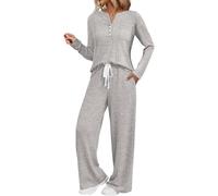 Cocila Two Piece Airport Outfits for Women 2025 Tracksuit Ribbed Long Sleeve Tops Drawstring Elasticized Waist Wide Leg Trousers Casual Lounge Wear Co Ord Sets Matching Activewear Gym Sets
