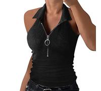 Cocila Vest Tops Women Uk T Color Sleeveless Shirt Women'S Zipper Solid Stripe Lapel Tanks & (Black, S) Cowboy Summer Work For Girls Brown Top Pastel Yellow Ladies Pink Going Out Halterneck Gym