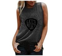 Cocila Vests for Women UK Summer Sleeveless O Neck Tank Tops Casual Loose Let's Rock Letter Printed Shirts Blouse S-3XL Gray