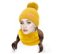 Cocila Warm Thick Hat Earmuff Winter Women Knit Fashion Solid Collar Set Baseball Caps Chapel (Yellow, One Size) Stocking Cap Fleece Hats for UK Ladies Wool Beanie with Lights Double Bobble