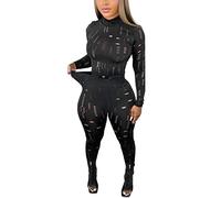 Cocila Women 2 Piece Set Outfit Summer Outfits Black Stretchy Mesh Long Sleeve Blouse Bodycon Pants Night Suit For Festival Gingham Trousers Linen Two Shorts Women'S Activewear Shirts & Tees