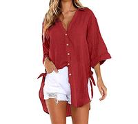 Cocila Women Chic Stripe Long/Short Sleeve Turn-Down Collar Button Loose Tunic Tops Ladies Longline Blouse Plus Size Dress Floaty T Shirt for Women