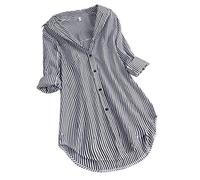 Cocila Women Chic Stripe Long Sleeve Turn-Down Collar Button Loose Tunic Tops Shirts Blouse(L,Black)