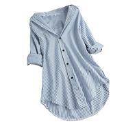 Cocila Women Chic Stripe Long Sleeve Turn-Down Collar Button Loose Tunic Tops Shirts Blouse Sky Blue