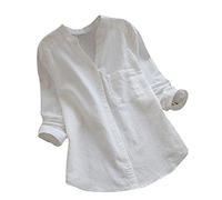 Cocila Women Linen Blouse Casual Solid Color Long Sleeve Cotton Shirts Stand Collar Button Down Tops Tunic with Pocket S-XXL White