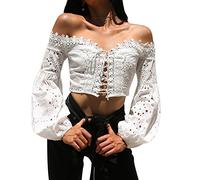 Cocila Women Sexy Off Shoulder Long Sleeve Bandage Knotted Hollow Lace Loose Blouse Crop Tops T-Shirt(2XL,White)