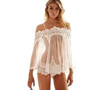 Cocila Women Sexy Perspective Teddy Babydoll Lingerie Transparent Lace Chemises Sleepwear Nightwear Set White