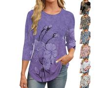 Cocila Womens 3/4 Sleeve Tops Crewneck Solid Casual Tee Shirts Floral Printed Blouse Loose Dressy Tunic Work Oversized Autumn Summer Soft Pleated Ladies T Shirts S-3XL Tops Purple L