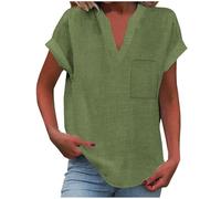 Cocila Women's Casual Cotton and Linen T-Shirt Short Sleeved V-Neck Breathable Pullover, Loose Plus Size Outerwear, Work Shirt, Ladies Summer Comfort Clothing with Pockets/no Pockets