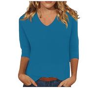 Cocila Women's Classic Long Sleeve T-Shirt Womens Tops 3/4 Sleeve Summer Solid Plain Travel Cute Tops V Neck Slim Fit Half Sleeve Tshirts Shirts Spring Blouse Gentle Fabric Swim Cap (Blue, L)