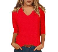 Cocila Women's Classic Long Sleeve T-Shirt Womens Tops 3/4 Sleeve Summer Solid Plain Travel Cute Tops V Neck Slim Fit Half Sleeve Tshirts Shirts Spring Blouse Gentle Fabric Swim Cap (Red, L)