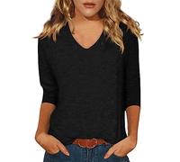 Cocila Women's Classic Long Sleeve T-Shirt Womens Tops 3/4 Sleeve Summer Solid Plain Travel Cute Tops V Neck Slim Fit Half Sleeve Tshirts Shirts Spring Blouse Gentle Fabric Swim Cap (Black, S)