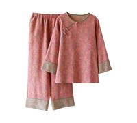 Cocila Women's Cotton Pajama Set Nine Quarter Sleeve Top with Cropped Pants Chinese Frog Button Traditional 3X Womens Winter Clothes (Pink, XL) Summer Trousers for Women UK Two Piece Outfits