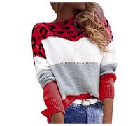 Cocila Women's Crew Neck Oversize Sweater Ladies Autumn and Winter Tops, Casual Fashion Leopard Print Color Long-Sleeved Sweater Pullover Loose Top Ladies Sweatshirts Pullover (Red, M)