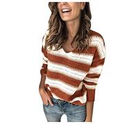 Cocila Women's Crew Neck Oversize Sweater Women'S Color Block Striped V-Neck Sweater Long Sleeve Knit Pullover Top Ladies Fall/Winter Fashion Sweatshirt Top Patterned Sweaters for Women (Red, XL)