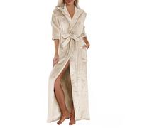 Cocila Womens Dressing Gowns Plush Robes For Women With Warm Fleece Hooded Bathrobe Soft Long Spa Robe Pockets Knee Length Beige Xl Fluffy Gown Bath Ladies Lightweight Uk Towel Dry Adult