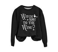 Cocila Women'S Fashion Halloween Witch Way To The Wine Printed Round Neck Off Shoulder Long Sleeve Sweatshirt Top Full Zip Athletic (Black, Xl) Womens Oversized Hoodie Hoodies For Women Uk Up