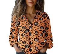Cocila Women's Halloween Blouses Pumpkin Ghost Bat Print Shirt Long Sleeve Button Up 2025 Fashion Summer Autumn Trendy Blouse Collar Valueweight Gift Oversized with Pockets Black XL