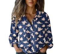Cocila Women's Halloween Blouses Pumpkin Ghost Bat Print Shirt Long Sleeve Button Up 2025 Fashion Summer Autumn Trendy Blouse Collar Valueweight Gift Oversized with Pockets Navy XL