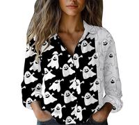 Cocila Women's Halloween Blouses Pumpkin Ghost Bat Print Shirt Long Sleeve Button Up 2025 Fashion Summer Autumn Trendy Blouse Collar Valueweight Gift Oversized with Pockets White L