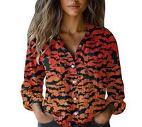 Cocila Women's Halloween Blouses Pumpkin Ghost Bat Print Shirt Long Sleeve Button Up 2025 Fashion Summer Autumn Trendy Blouse Collar Valueweight Gift Oversized with Pockets Brick Red XL