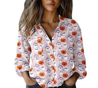 Cocila Women's Halloween Blouses Pumpkin Ghost Bat Print Shirt Long Sleeve Button Up 2025 Fashion Summer Autumn Trendy Blouse Collar Valueweight Gift Oversized with Pockets Pink L