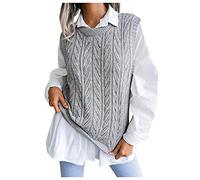 Cocila Women's Long-Sleeve Jumper Autumn Winter Round Neck Knitted Sweater Vest Solid Color Cable Knitted College Wind Sleeveless Vest Plus Size Junior (Grey, M)