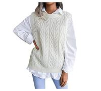 Cocila Women's Long-Sleeve Jumper Women'S Autumn And Winter Round Neck Knitted Sweater Vest Solid Color Cable Knitted College Wind Sleeveless Knitted Vest plus Size Junior (White, L)