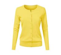 Cocila Women's Long Sleeve Open Front Cardigan - Knitted Loose Solid Color Short Sweater Jacket - Round Neck, Large, Yellow, S